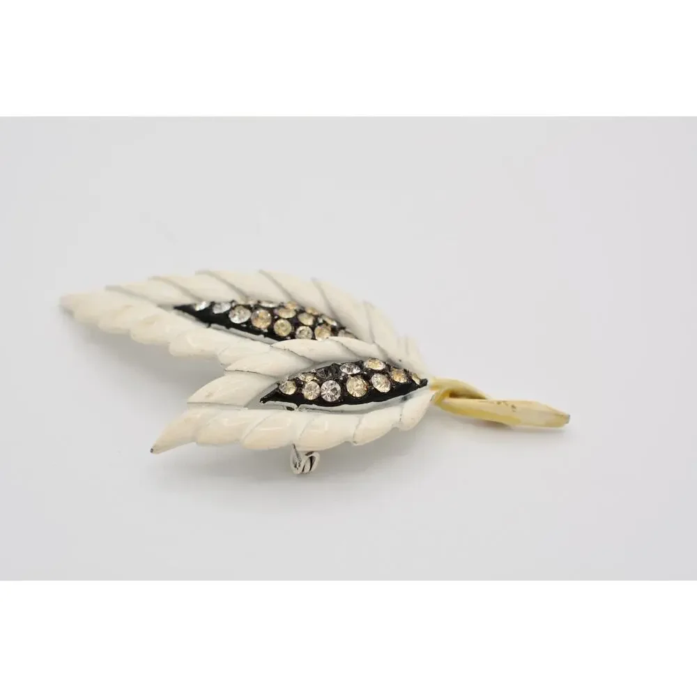 Vintage Leaf Pin Brooch Rhinestone Crystal White Enamel Chunky 1990s BinAT